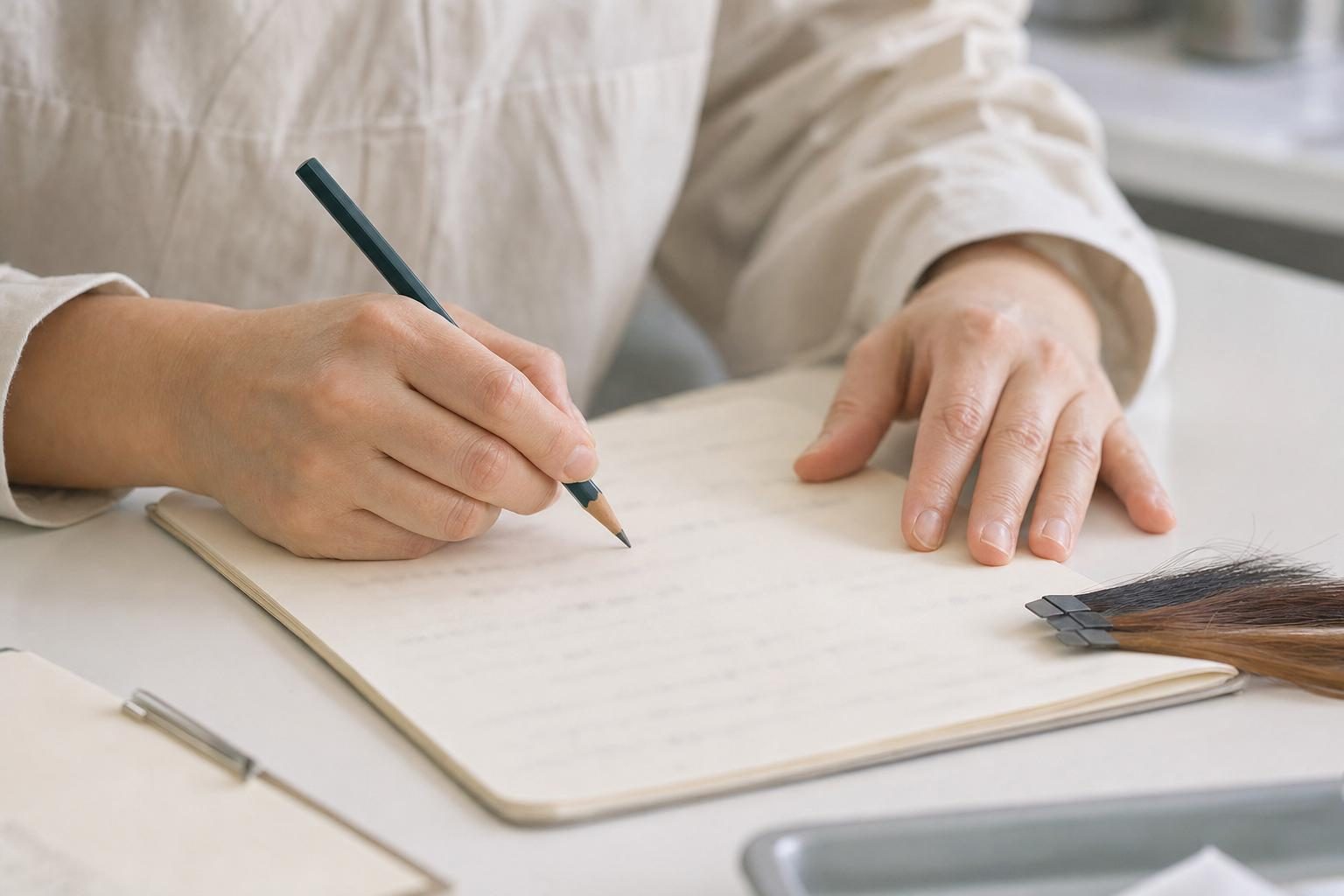 髪の束見本を脇に置き、カルテに鉛筆で診断を書き込んでいる手元